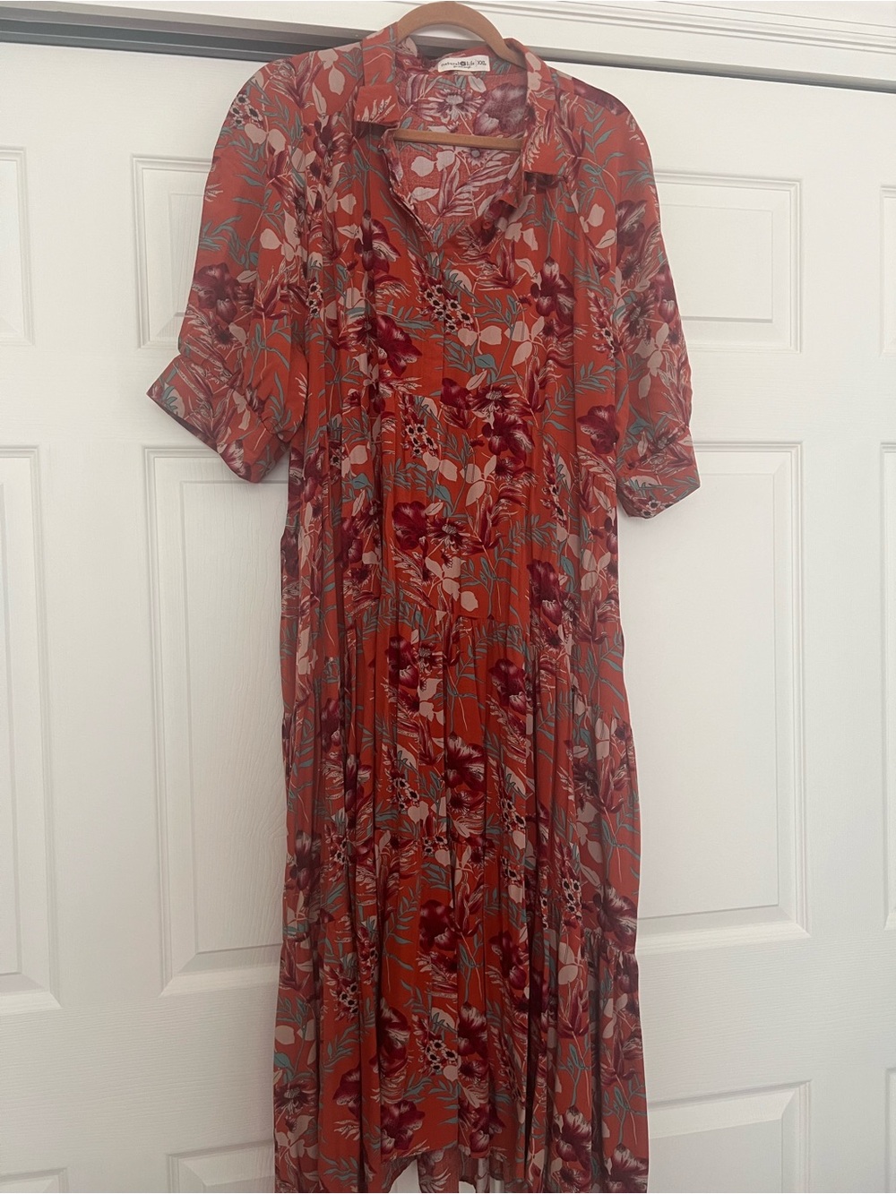 NATURAL LIFE Rust Floral Maxi Dress with Collared V‑Neck